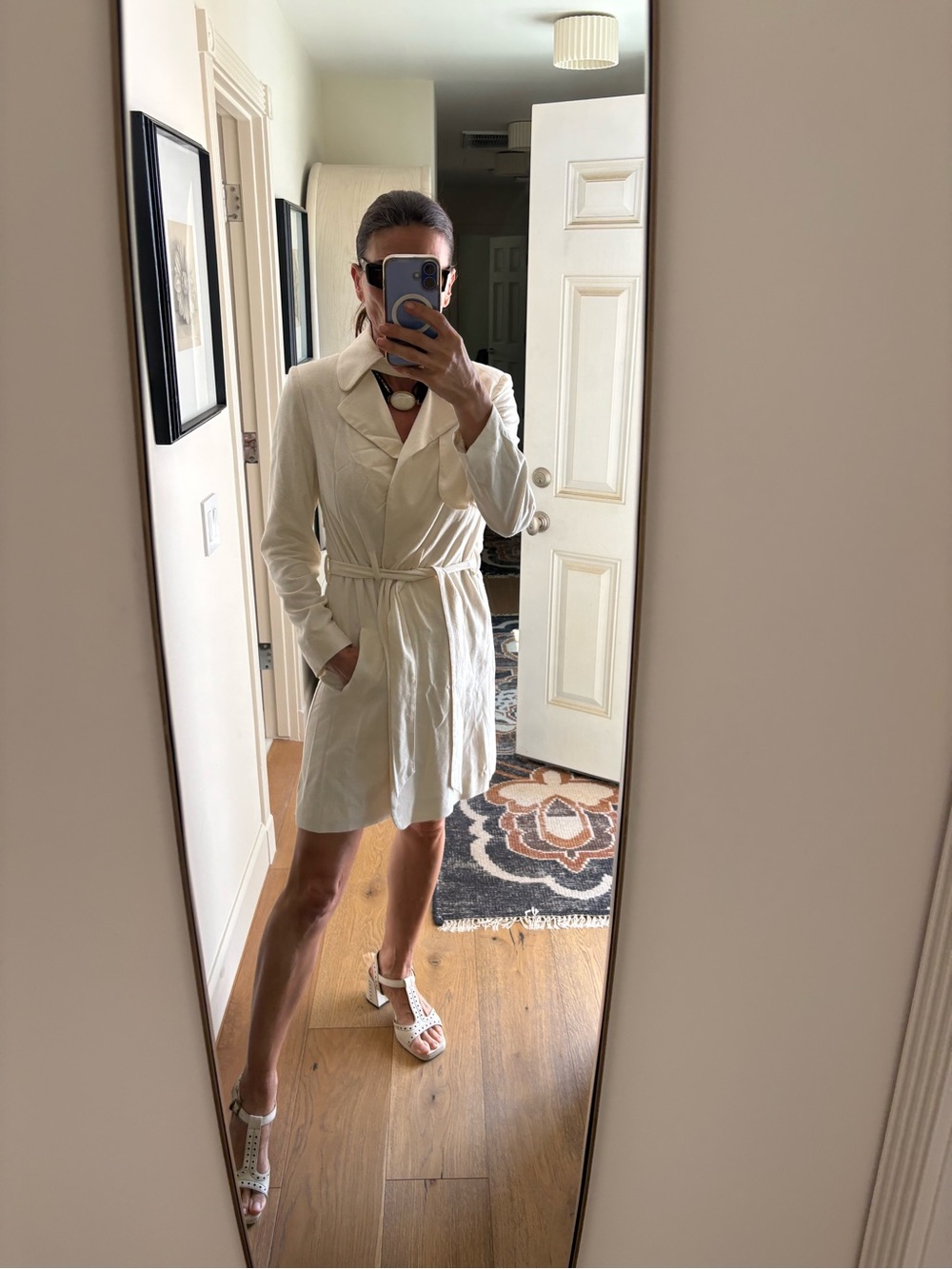 Vintage Jill Renee 100% Raw Silk Belted Trench Coat Off White Size Small